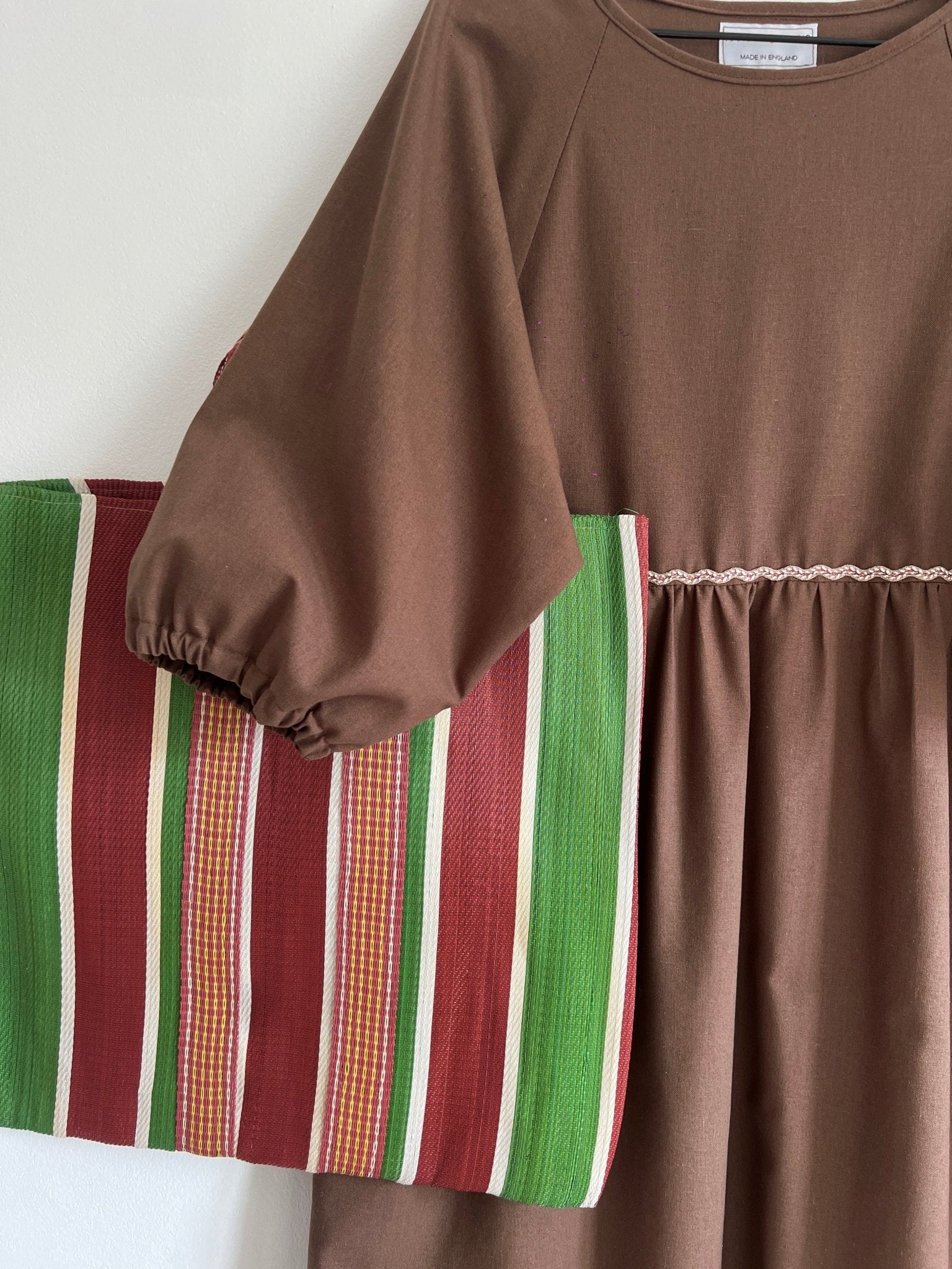 Kay Dress in brown linen mix and recycled striped nylon tote bag
