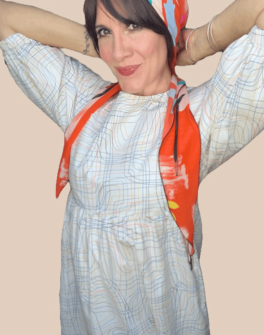 Wearing the Kay dress and zero waste accessories headscarf