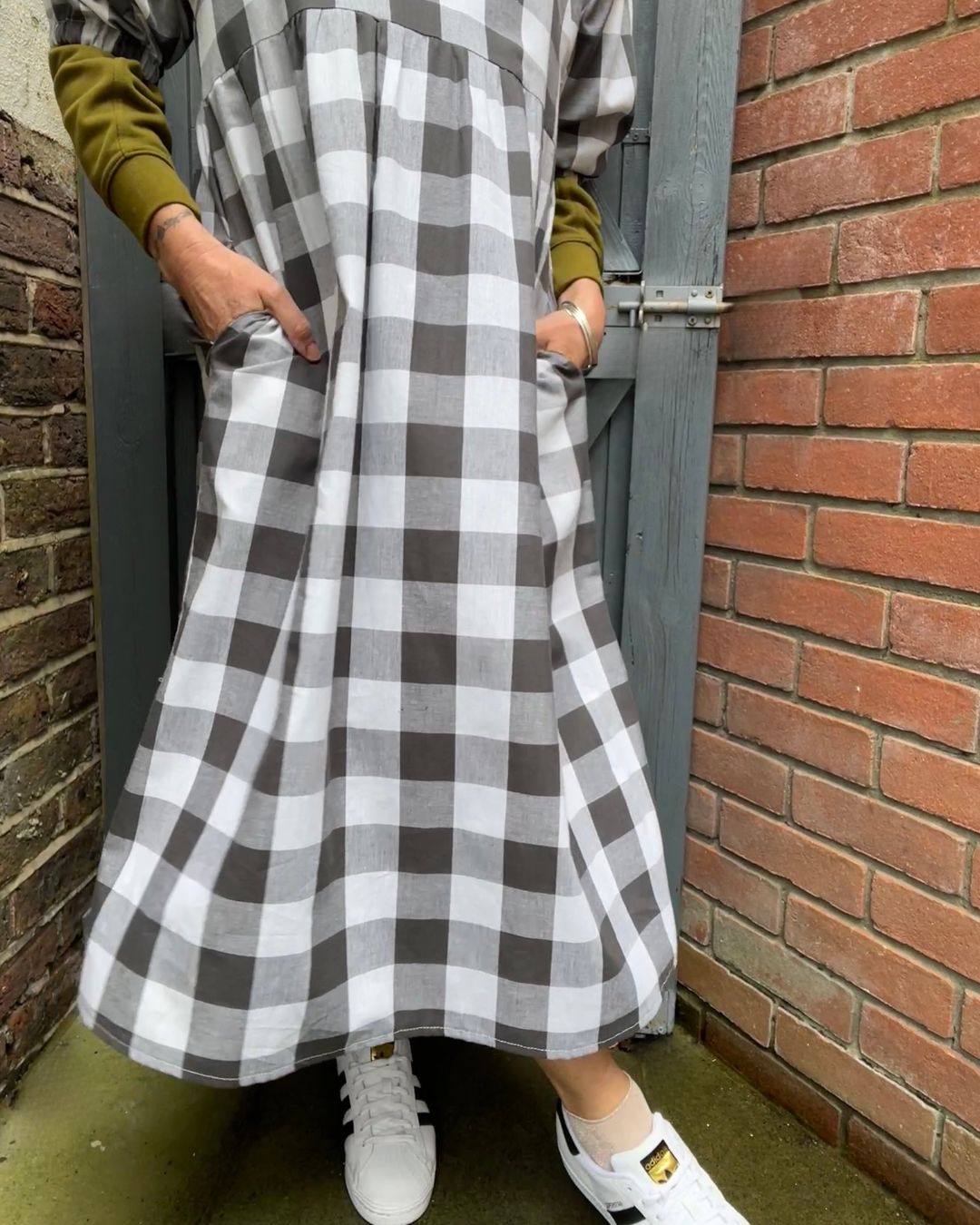 Kay Dress in Large Grey Gingham Cotton - Hanova Studio