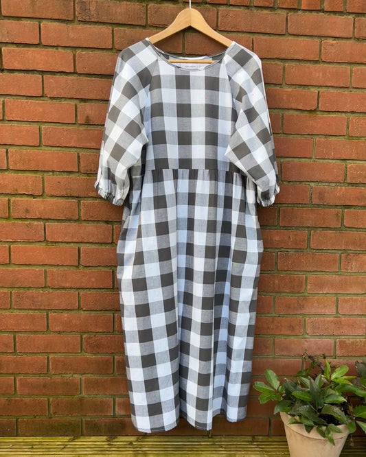 Kay Dress in Large Grey Gingham Cotton - Hanova Studio