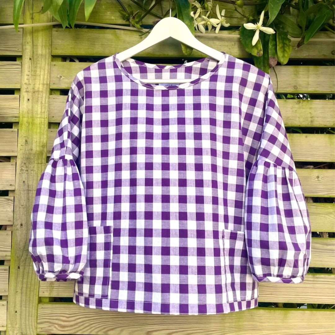 Purple gingham cotton puff sleeve blouse