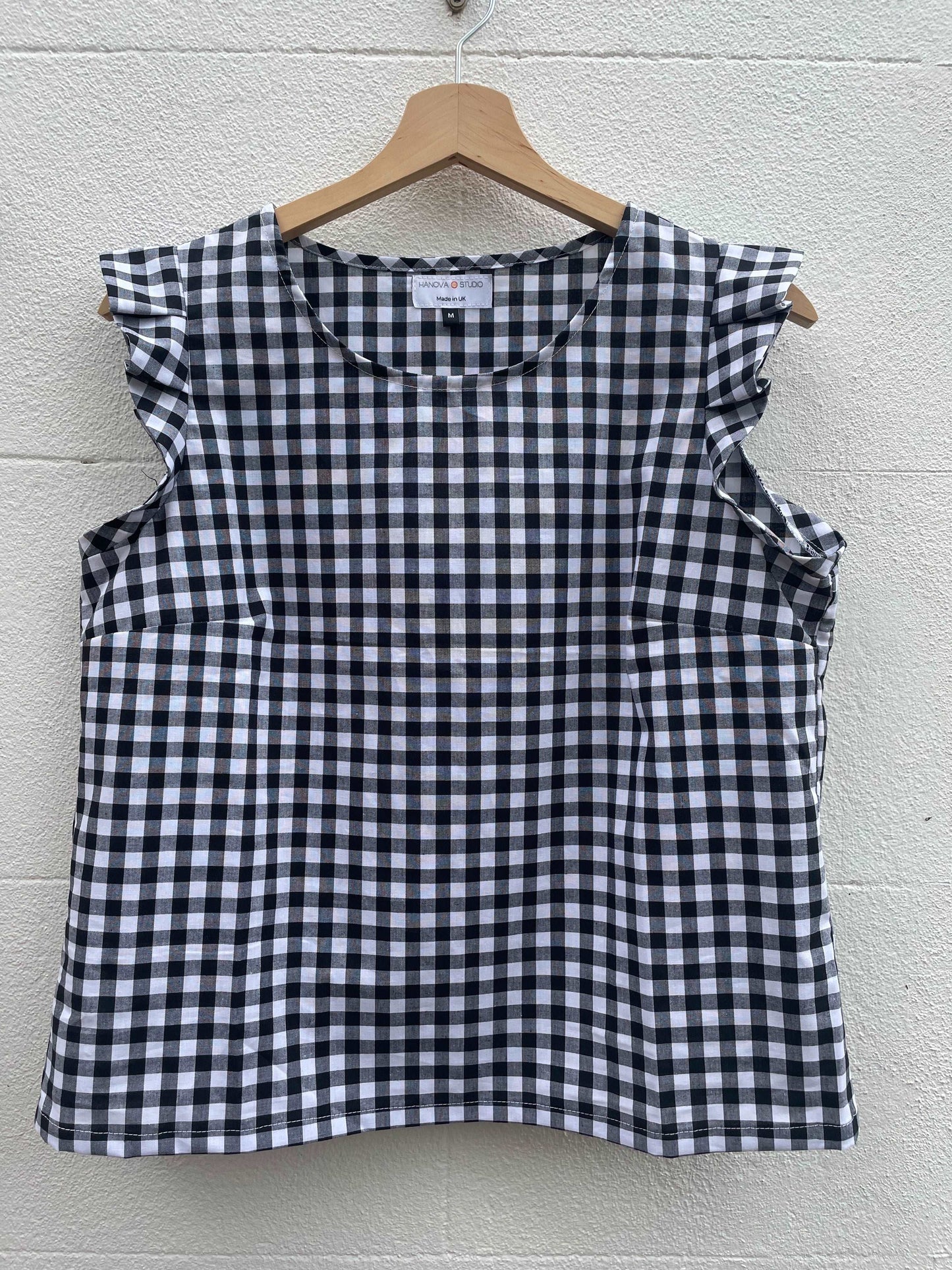 black and white gingham frill sleeve top affordable sustainable clothing
