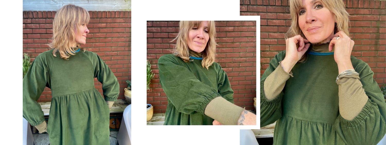 3 pictures of the kay dress in green cord
