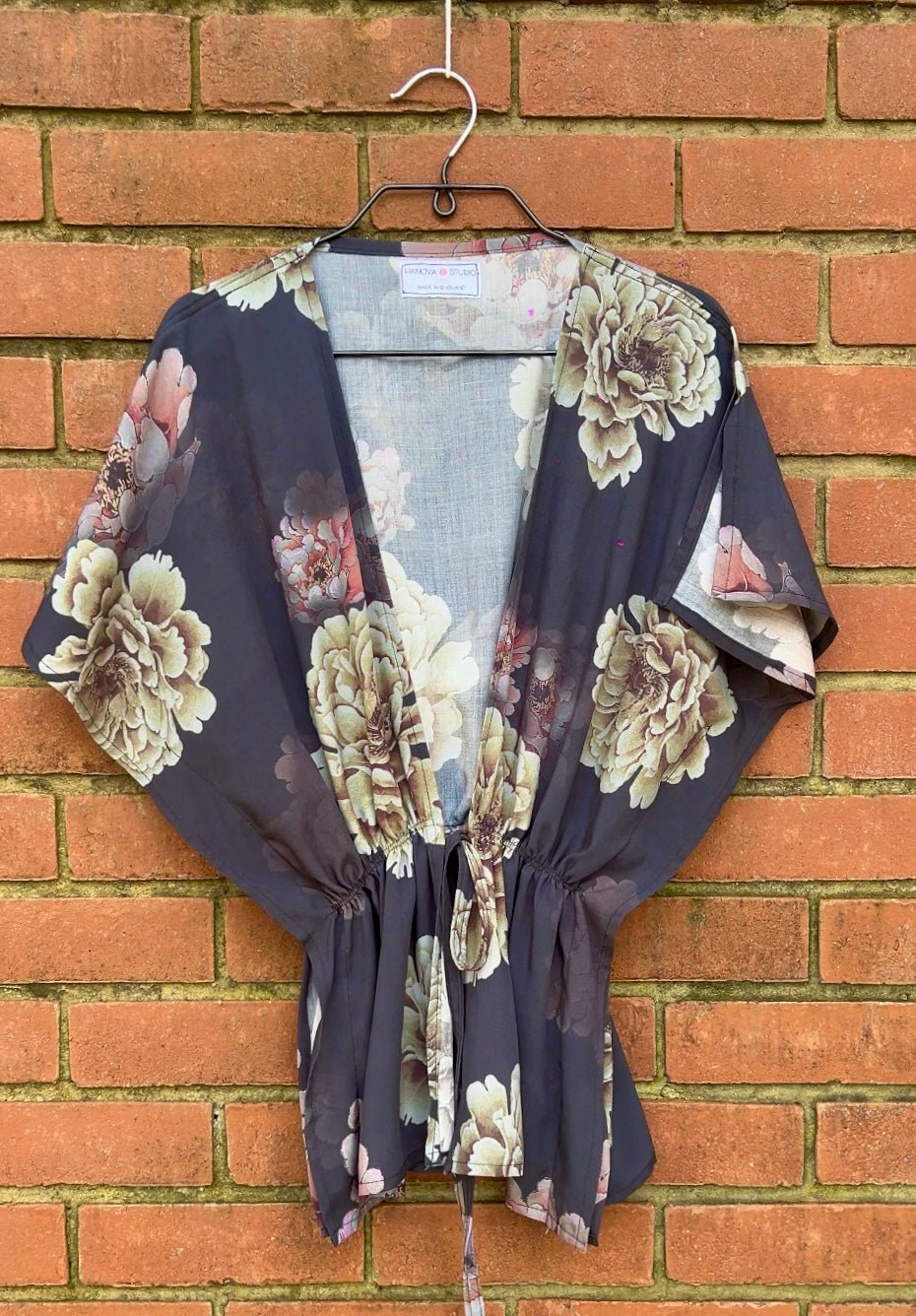 Angel tie front top in faded blooms fabric- Hanova Studio