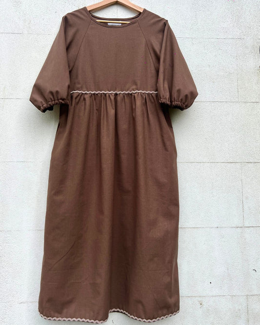 Kay Dress in brown linen mix ric rac - Hanova Studio