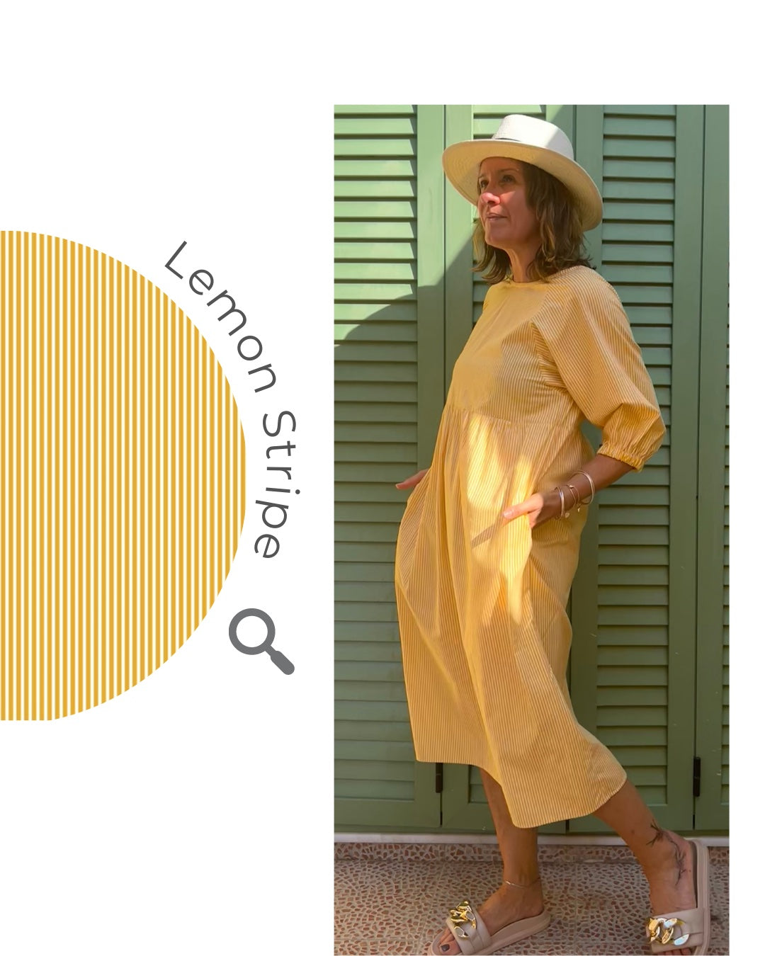 Kay dress in lemon stripe with close up fabric swatch sustainable dresses UK