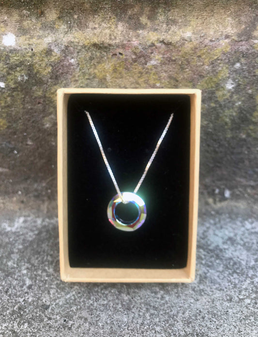 Cosmic crystal hoop necklace in a box